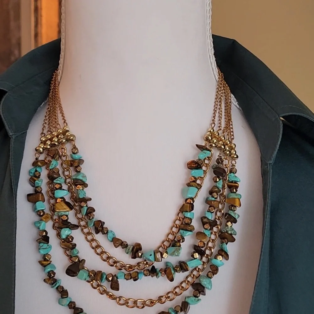 Turquoise & Tiger’s Eye Style Multi-Strand Beaded Statement Necklace – Boho Chic